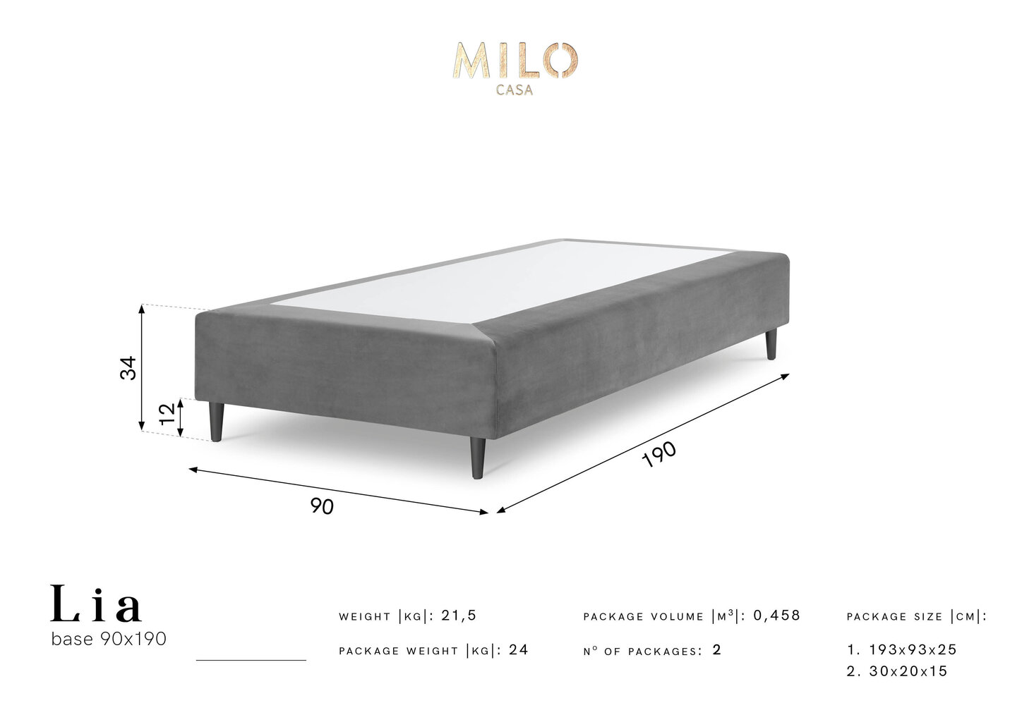 Kušett Milo Casa Lia 90x190, tumeroheline/must hind ja info | Voodid | kaup24.ee