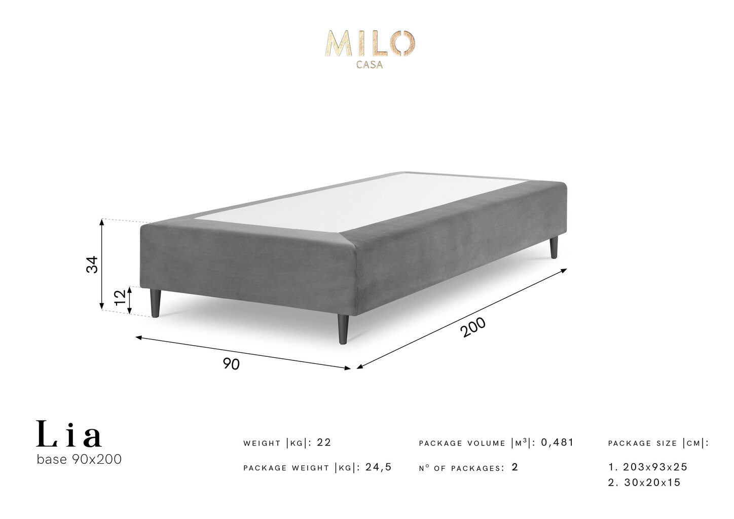 Kušett Milo Casa Lia 90x200, helesinine/must hind ja info | Voodid | kaup24.ee