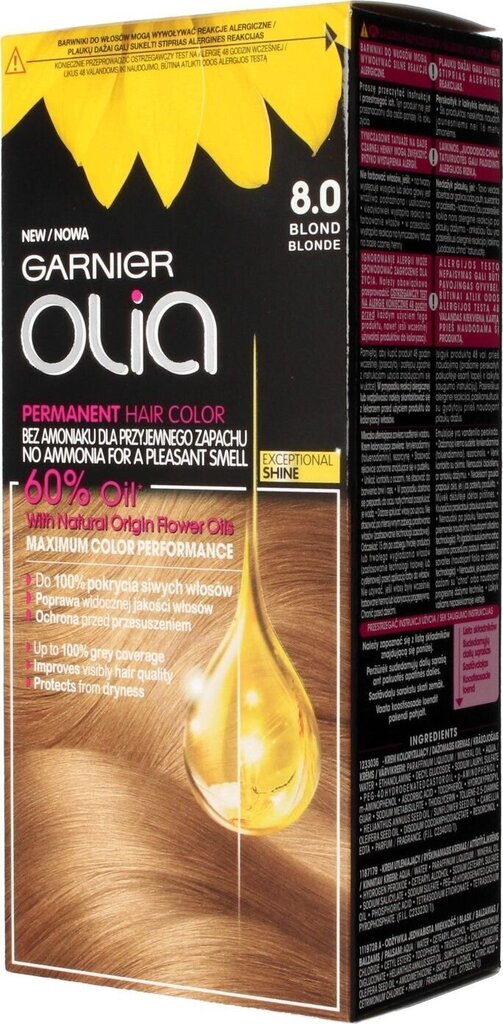 Õlibaasil kauapüsiv juuksevärv ilma ammoniaagita Garnier Olia 8.0 Blonde hind ja info | Juuksevärvid | kaup24.ee