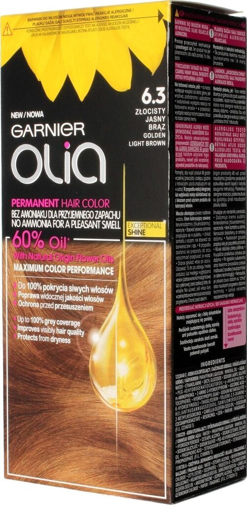 Õlibaasil kauapüsiv juuksevärv ilma ammoniaagita Garnier Olia 6.3 Golden Light Brown цена и информация | Juuksevärvid | kaup24.ee