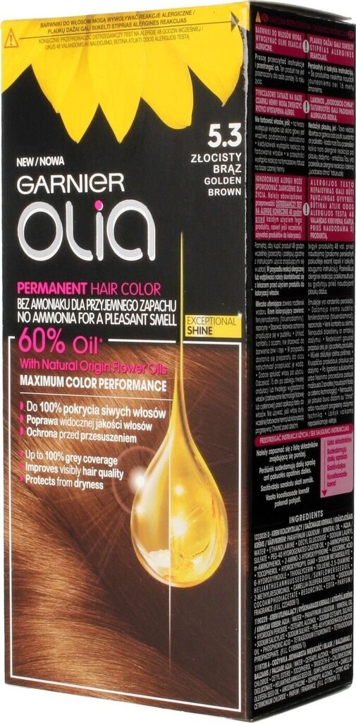 Õlibaasil kauapüsiv juuksevärv ilma ammoniaagita Garnier Olia 5.3 Golden Brown цена и информация | Juuksevärvid | kaup24.ee