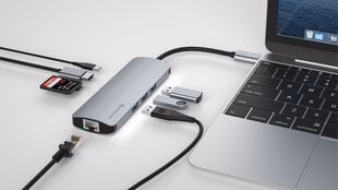 Swissten USB-C Hub 8in1 with 3X USB 3.0 / 1X USB-C Power Delivery / 1X microSD / 1X SD / 1x HDMI 4K / 1x LAN RJ45 / Aluminum body цена и информация | Адаптеры и USB-hub | kaup24.ee