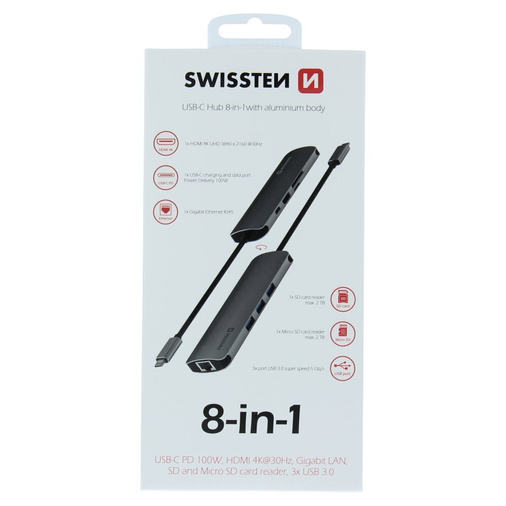 Swissten USB-C Hub 8in1 with 3X USB 3.0 / 1X USB-C Power Delivery / 1X microSD / 1X SD / 1x HDMI 4K / 1x LAN RJ45 / Aluminum body цена и информация | USB jagajad, adapterid | kaup24.ee