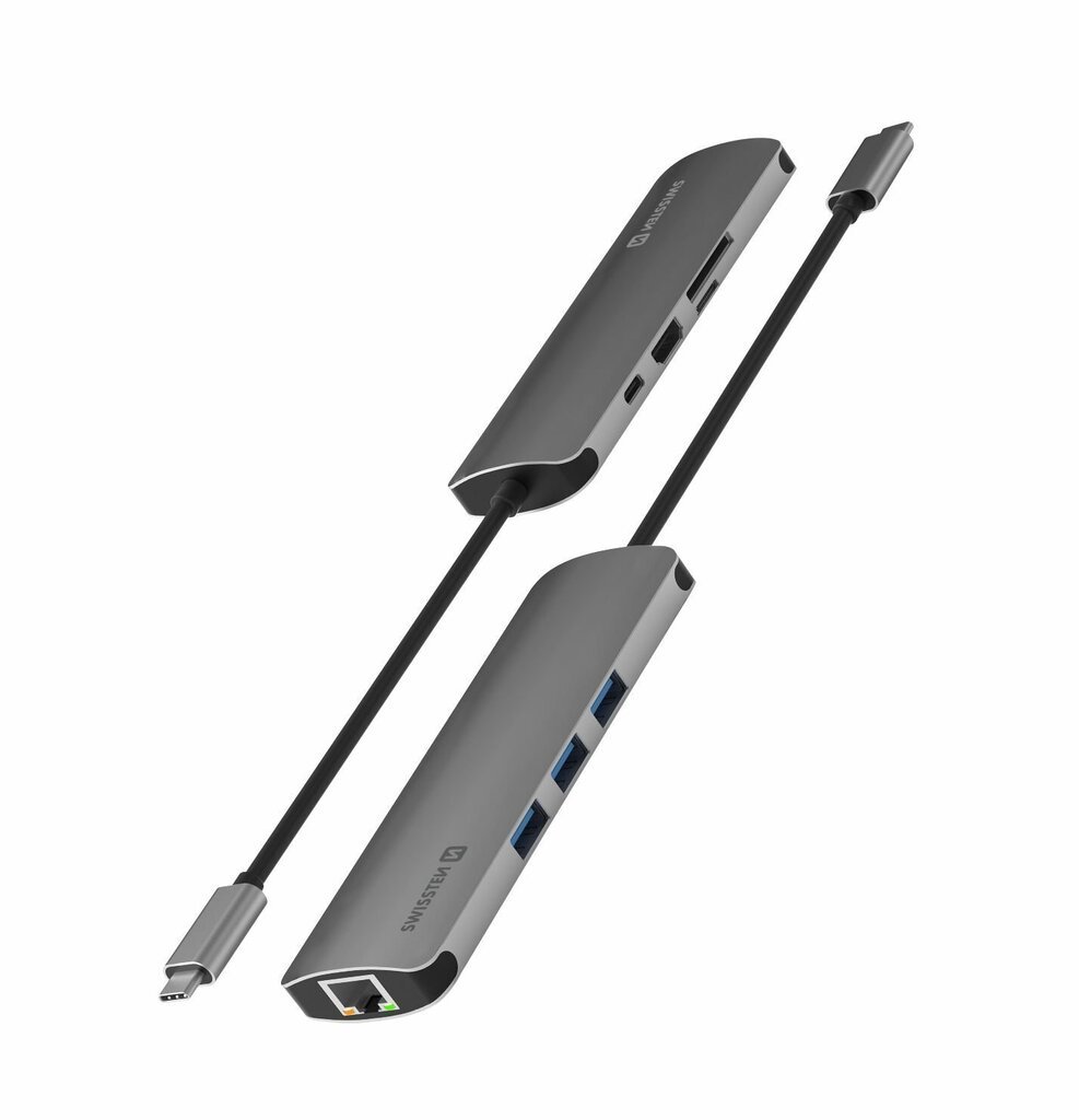 Swissten USB-C Hub 8in1 with 3X USB 3.0 / 1X USB-C Power Delivery / 1X microSD / 1X SD / 1x HDMI 4K / 1x LAN RJ45 / Aluminum body цена и информация | USB jagajad, adapterid | kaup24.ee