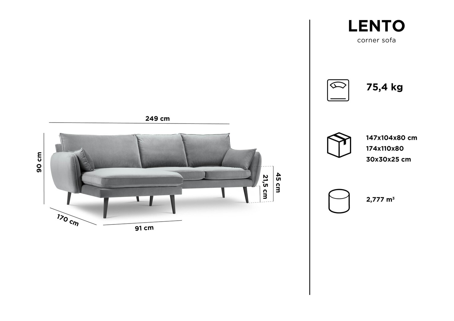 Pehme nurgadiivan Kooko Home Lento, helehall/must цена и информация | Nurgadiivanid ja nurgadiivanvoodid | kaup24.ee