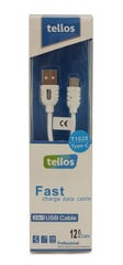 USB кабель Tellos Type-C FastCharging, белый, 1.2 м цена и информация | Кабели для телефонов | kaup24.ee