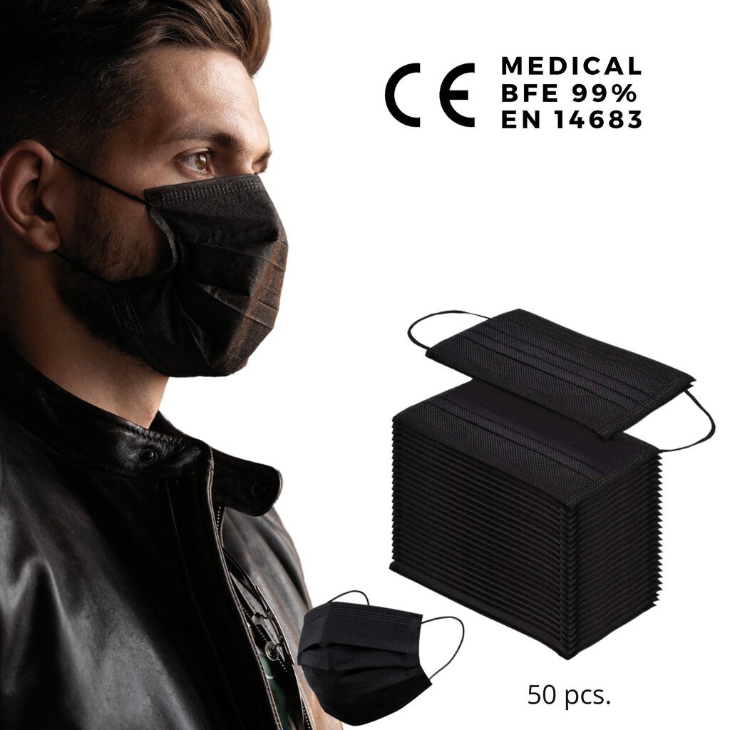 Meditsiinilised ühekordselt kasutatavad näomaskid mustad BFE 99%, 50 tk hind ja info | Esmaabi | kaup24.ee
