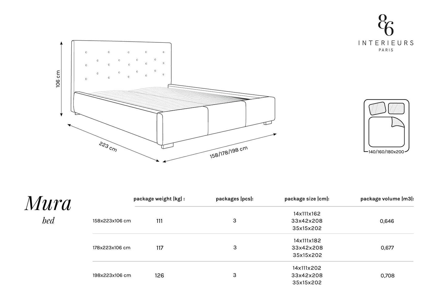 Voodi Interieurs 86 Mura 140x200 cm, tumehall hind ja info | Voodid | kaup24.ee