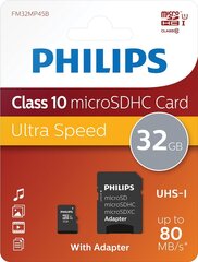 Philips FM32MP45B/10 micro SD 32GB(+ SD адаптер) цена и информация | Philips Мобильные телефоны, Фото и Видео | kaup24.ee