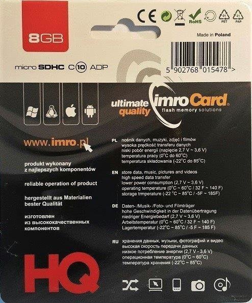 Imro KOM000654 MicroSD 8GB hind ja info | Mobiiltelefonide mälukaardid | kaup24.ee