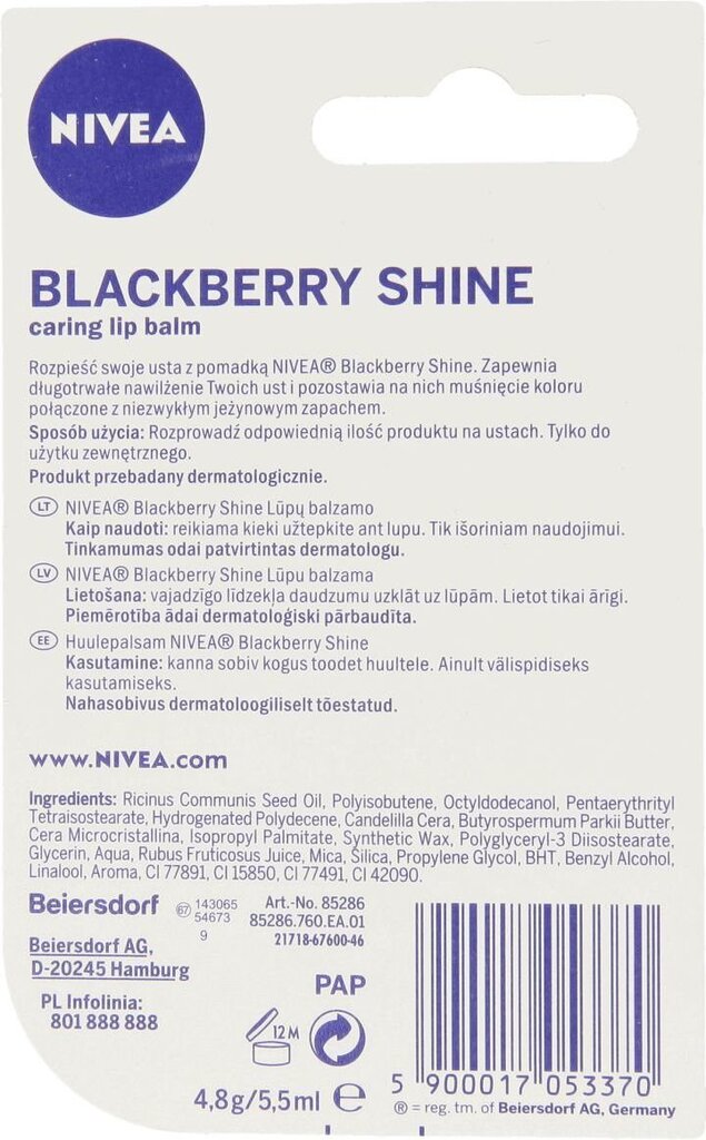 Huulepulk Nivea Blackberry Shine, 4.8g цена и информация | Huulepulgad, -läiked, -palsamid, vaseliin | kaup24.ee