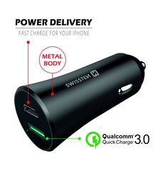 Swissten Metal Car Charger Adapter with Power Delivery USB-C + Quick Charge 3.0 / 36W / Black hind ja info | Mobiiltelefonide laadijad | kaup24.ee
