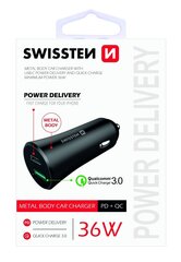 Swissten Metal Car Charger Adapter with Power Delivery USB-C + Quick Charge 3.0 / 36W / Black hind ja info | Mobiiltelefonide laadijad | kaup24.ee