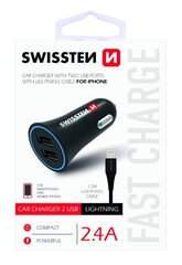 Swissten Premium Car charger 12 / 24V / 1A + 2.1A + Lightning Data Cable 100 cm Black hind ja info | Mobiiltelefonide laadijad | kaup24.ee