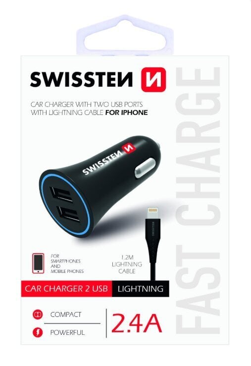 Swissten Premium Car charger 12 / 24V / 1A + 2.1A + Lightning Data Cable 100 cm Black цена и информация | Mobiiltelefonide laadijad | kaup24.ee