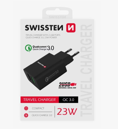 Swissten Premium Travel Charger 2x USB QC3.0 23W Black hind ja info | Mobiiltelefonide laadijad | kaup24.ee
