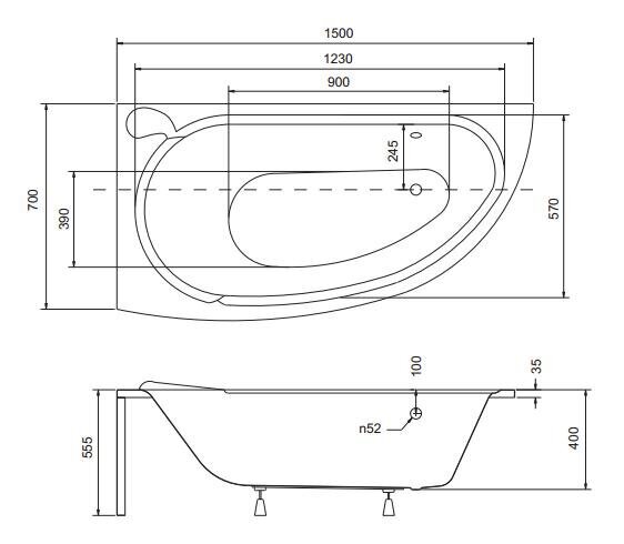 Vann Besco Mini Esiseinaga Vasak, 150x70 hind ja info | Vannid | kaup24.ee