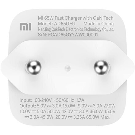 Xiaomi Mi 65W kiirlaadija koos GaN-tehnoloogiaga EU valge BHR4499GL hind ja info | Mobiiltelefonide laadijad | kaup24.ee