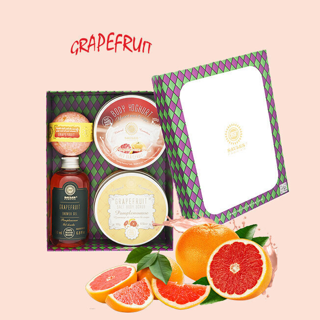 Kinkekomplekt (Soolakoorija 300g + Kehajogurt 200g + Dušigeel 200ml + Vannipallid 145g) GRAPEFRUIT Saules Fabrika цена и информация | Kehakoorijad | kaup24.ee