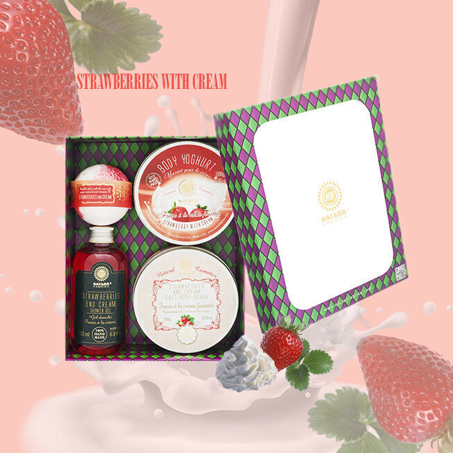 Kinkekomplekt (Soolakoorija 300g + Kehajogurt 200g + Dušigeel 200ml + Vannipallid 145g) Strawberries and cream Saules Fabrika цена и информация | Kehakoorijad | kaup24.ee