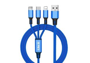 iLike CCI02 Põimitud traat Püsiv USB 3in1 kaabelkomplekt USB-mikro USB / Lightning / Type-C 1m Sinine hind ja info | Mobiiltelefonide kaablid | kaup24.ee