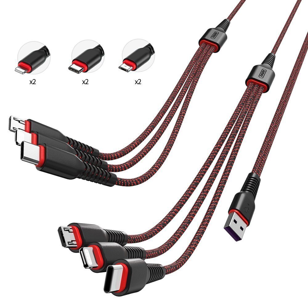 6 in1 laadimiskaabel "Remax RC-153" USB / tüüp C + 2 x Lightning, 2 x mikro-USB topeltkaabel telefonile, 1m + 2m, 5A, must цена и информация | Mobiiltelefonide kaablid | kaup24.ee