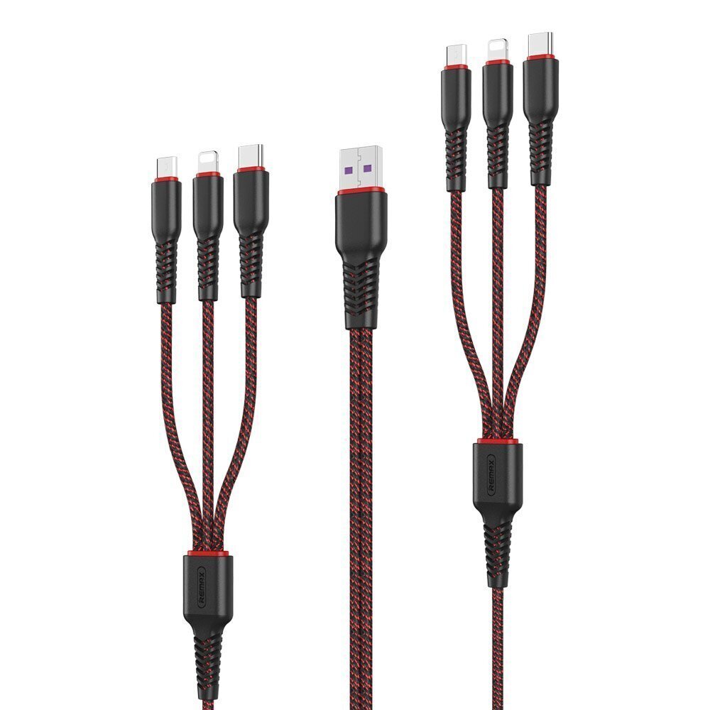 6 in1 laadimiskaabel "Remax RC-153" USB / tüüp C + 2 x Lightning, 2 x mikro-USB topeltkaabel telefonile, 1m + 2m, 5A, must hind ja info | Mobiiltelefonide kaablid | kaup24.ee