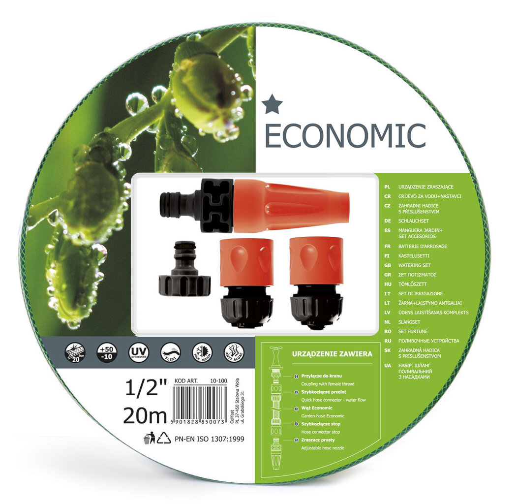 Kastmisvoolik Economic 20m 1/2" + otsikute komplekt цена и информация | Kastekannud, voolikud, niisutus | kaup24.ee