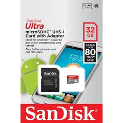 Mälukaardid SanDisk Universal microSDHC Ultra Android 80MB/s 32GB cl. 10 UHS-I + adapter hind ja info | Mobiiltelefonide mälukaardid | kaup24.ee