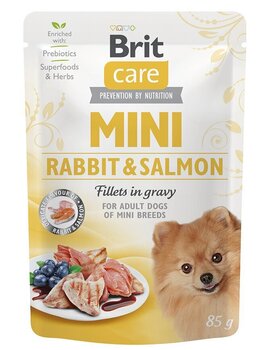 Brit Care Mini pouch Rabbit & Salmon fillets in gravy einekotike koertele 85g hind ja info | Konservid koertele | kaup24.ee