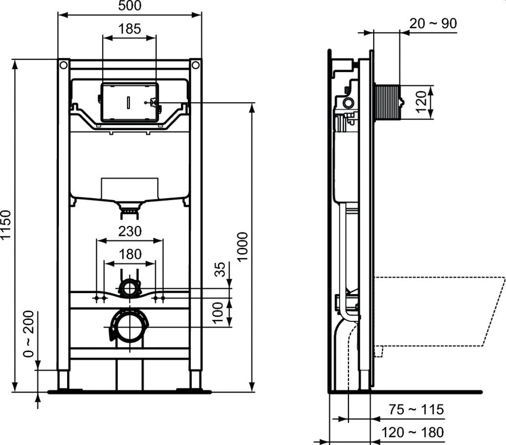 Seinale paigaldatav raamiga WC-pott Komplekti kuulub aeglaselt sulguva kaane ja varjatud süsteemiga Prosys 120M Ideal Standard Connect Air AquaBlade WC-pott, samuti valge tualettpoti nupp. hind ja info | WС-potid | kaup24.ee