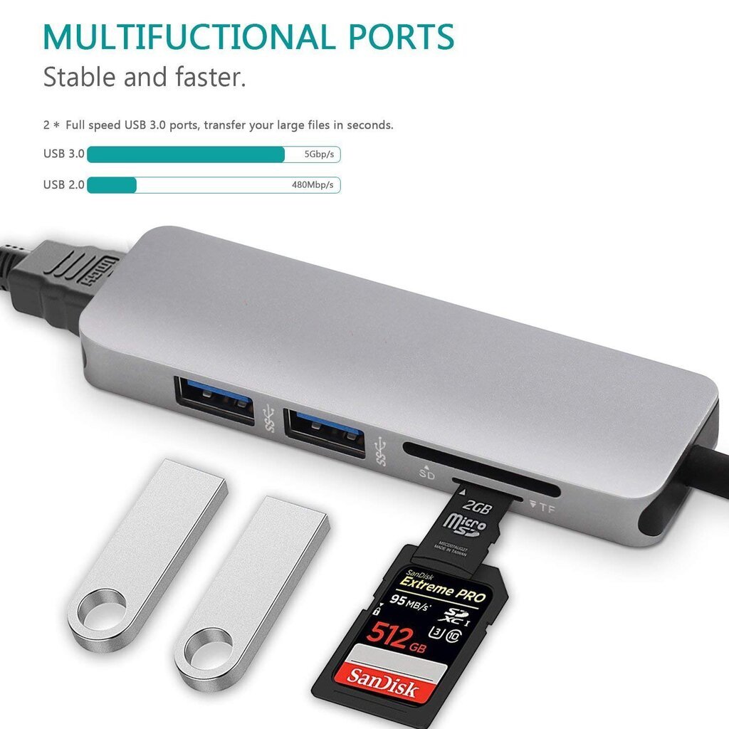 RoGer USB-C Hub 5in1 USB 3.0 x2 / HDMI / SD card reader / TF card reader hind ja info | USB jagajad, adapterid | kaup24.ee