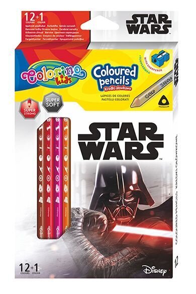 Värvilised pliiatsid koos teritajaga Colorino Disney Star Wars, kolmnurksed, 12 tk. /13 värvi hind ja info | Kunstitarbed, voolimise tarvikud | kaup24.ee