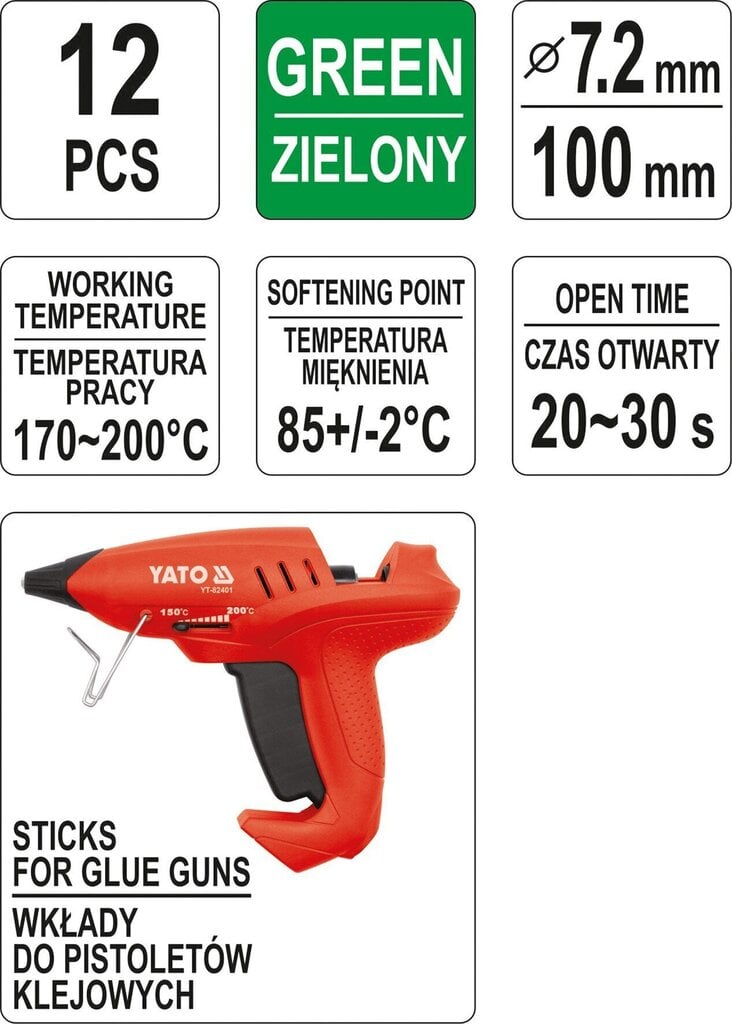 Kuumaliimipulgad, rohelised, 7.2x100mm 12 tk Yato (YT-82444) цена и информация | Käsitööriistad | kaup24.ee