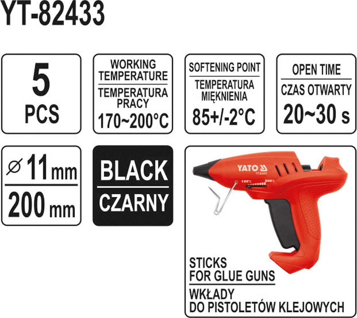 Kuumad liimipulgad must 11x200mm, 5 tk. Yato (YT-82433) hind ja info | Käsitööriistad | kaup24.ee