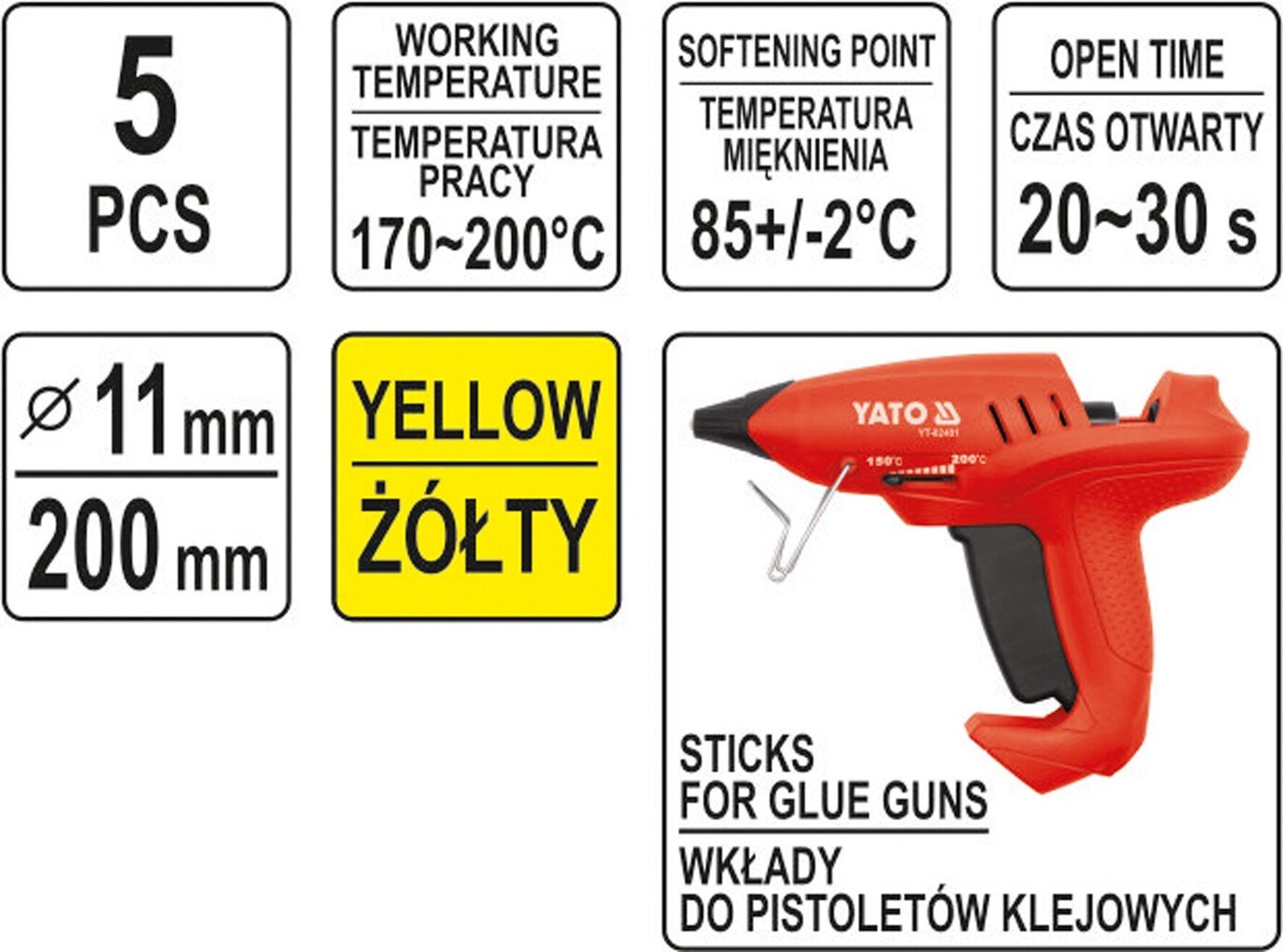 Kuumad liimipulgad kollane 11x200mm, 5 tk. Yato (YT-82437) цена и информация | Käsitööriistad | kaup24.ee