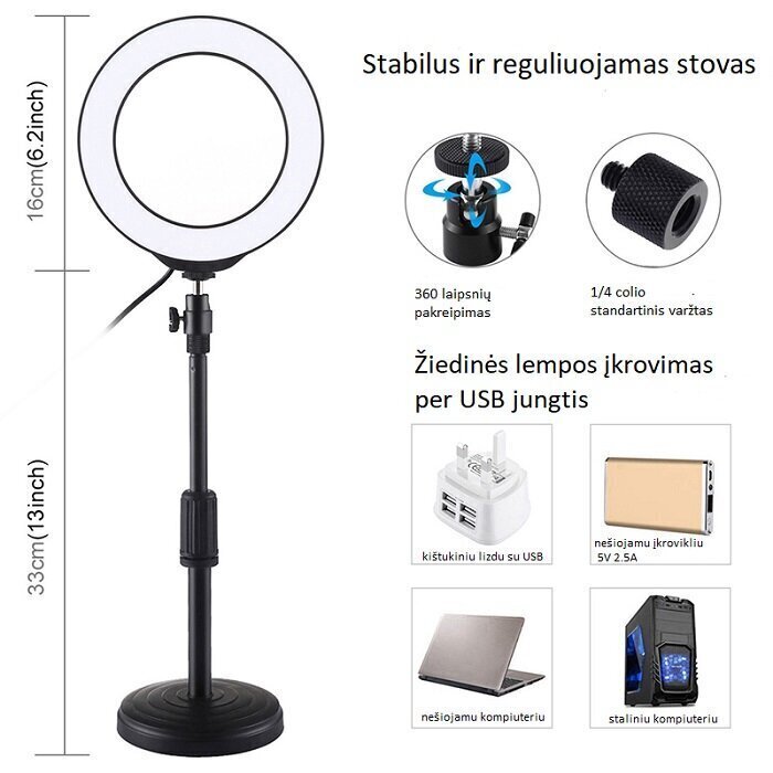 LED rõngaslamp 16 cm, alusega 18-28 cm, USB hind ja info | Fotovalgustuse seadmed | kaup24.ee