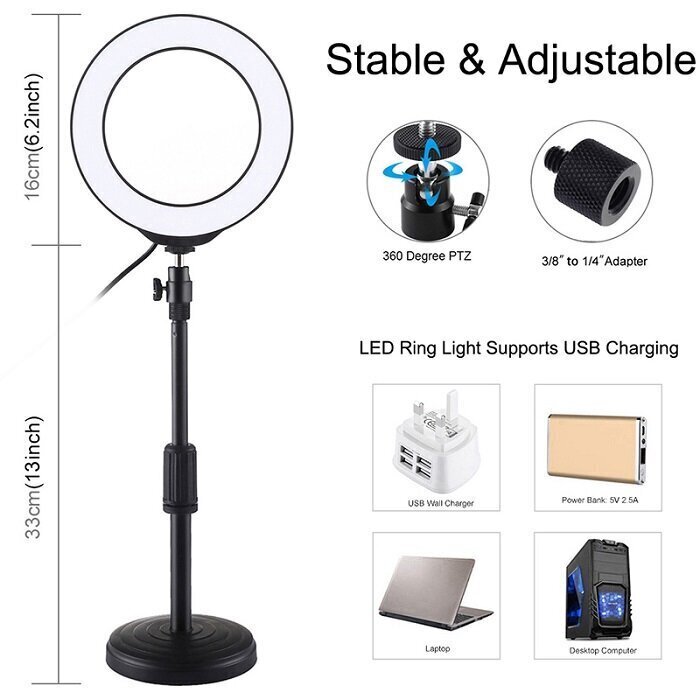 LED rõngaslamp 16 cm, alusega 18-28 cm, USB hind ja info | Fotovalgustuse seadmed | kaup24.ee