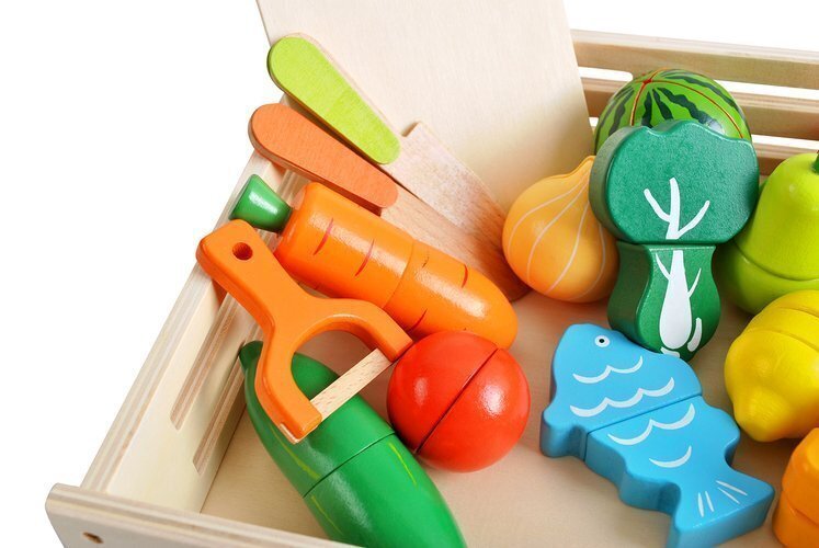 Laste mänguasi puidust lõigatud puu- ja köögiviljakomplekt karbiga hind ja info | Tüdrukute mänguasjad | kaup24.ee