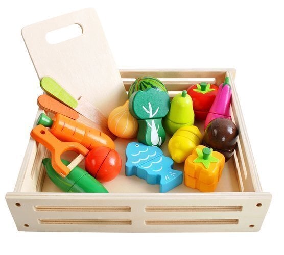 Laste mänguasi puidust lõigatud puu- ja köögiviljakomplekt karbiga цена и информация | Tüdrukute mänguasjad | kaup24.ee