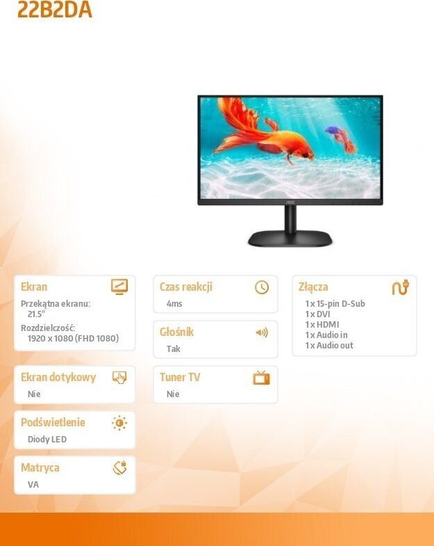 LCD Monitor|AOC|22B2DA|21.5"|Business|Panel VA|1920x1080|16:9|75Hz|4 ms|Speakers|Tilt|Colour Black|22B2DA цена и информация | Monitorid | kaup24.ee