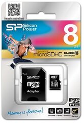 Накопитель Silicon Power microSDHC 8GB Class10 + SD адаптер цена и информация | Silicon Power Мобильные телефоны, Фото и Видео | kaup24.ee