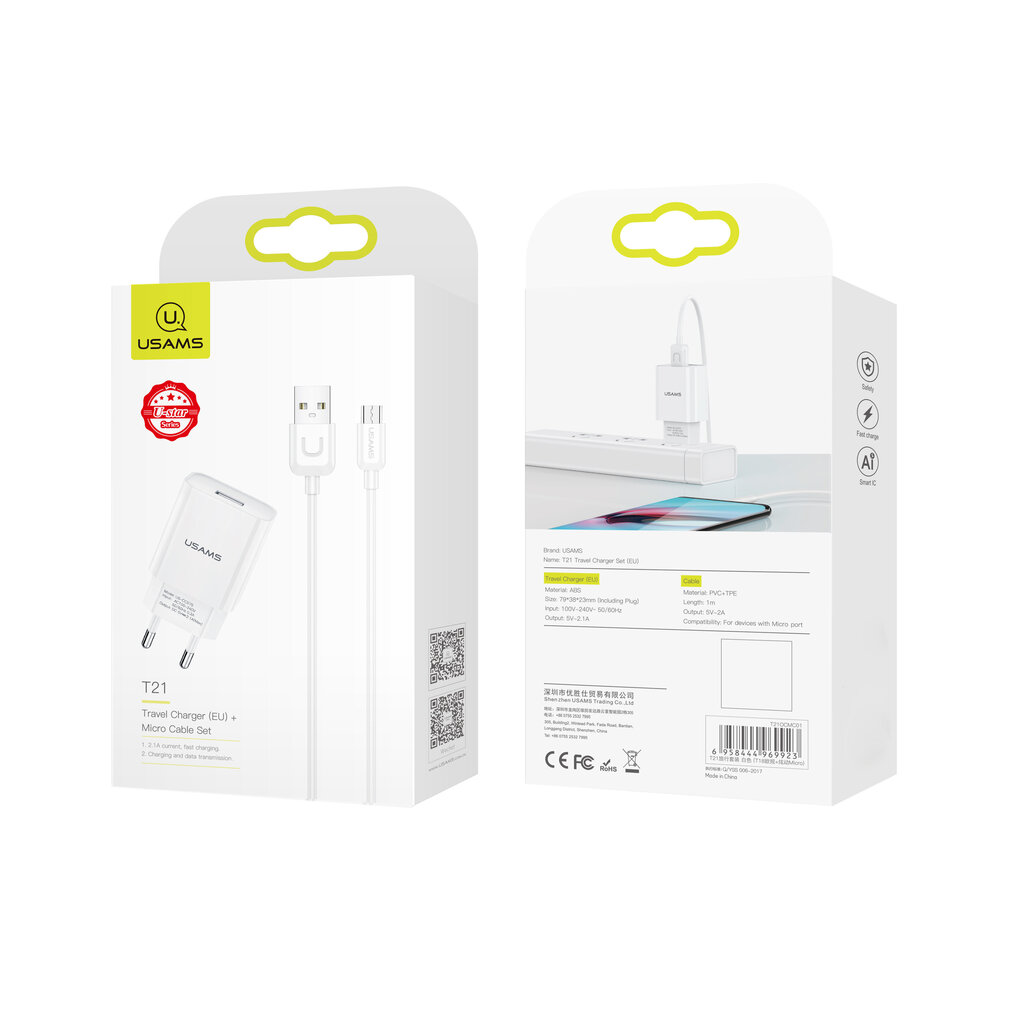 USAMS T21 kiirlaadija + mikro-USB kaabel, valge hind ja info | Mobiiltelefonide laadijad | kaup24.ee