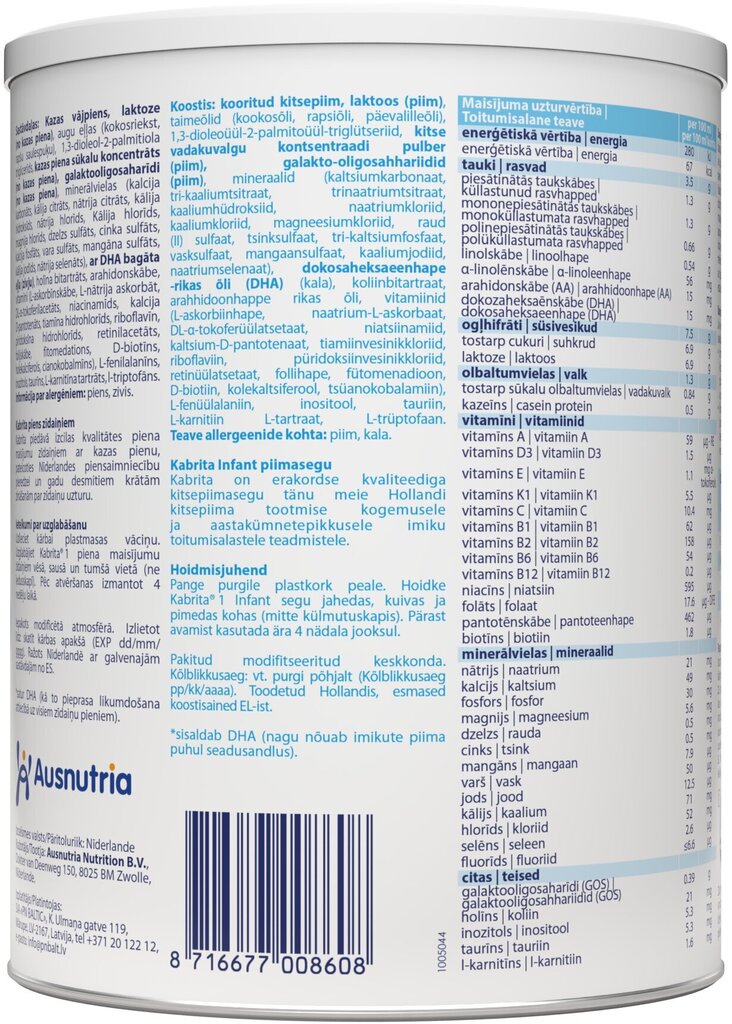 KABRITA® 1 (sünnist kuni 6 kuu vanuseni) 800 gr цена и информация | Eriotstarbelised piimasegud | kaup24.ee