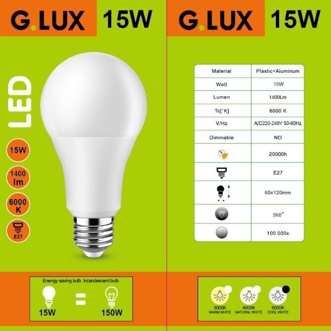 LED pirnid G.LUX GR-LED-A60-15W 6000K, 10 tk. pakett hind ja info | Lambipirnid, lambid | kaup24.ee