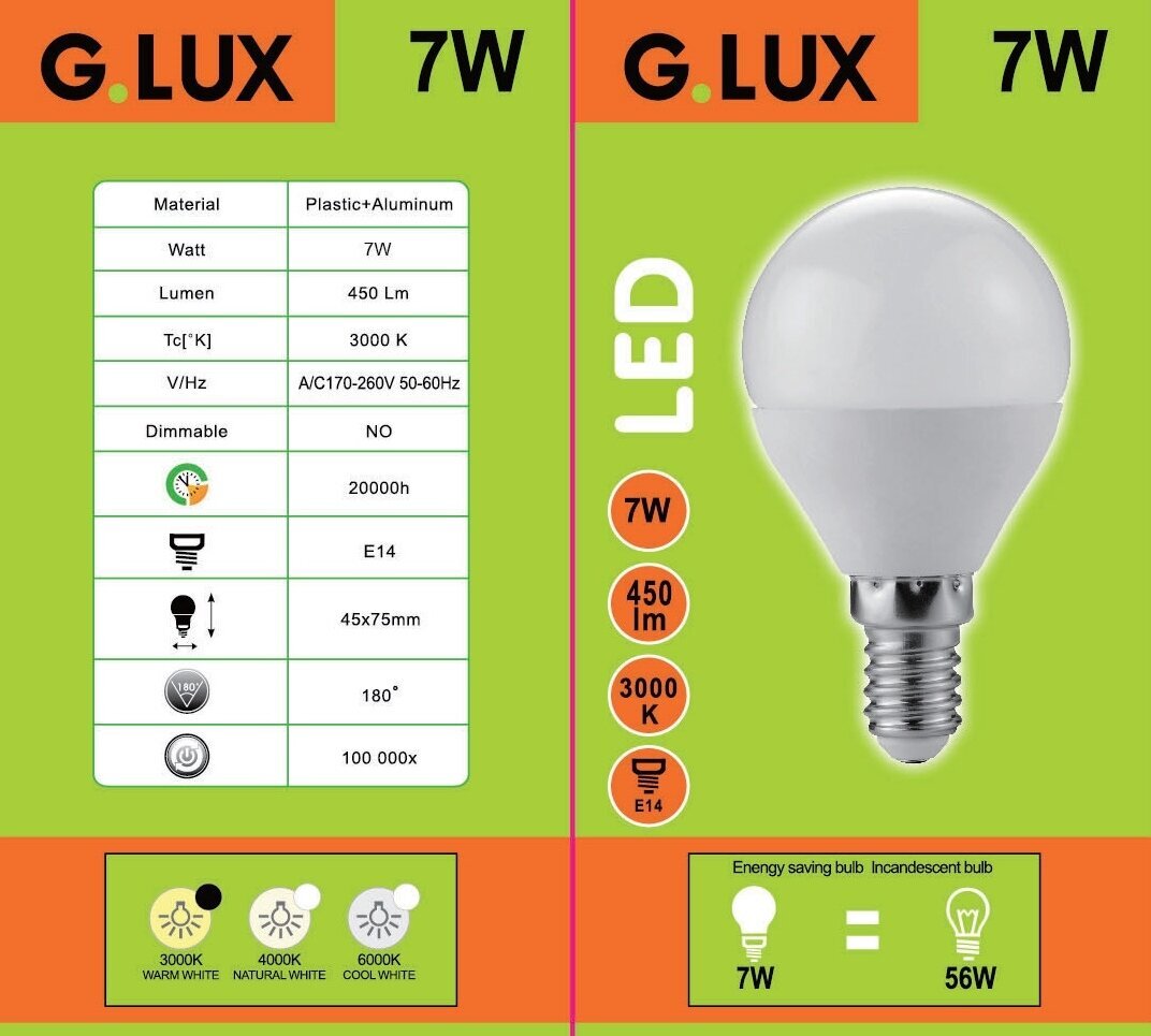 LED pirnid G.LUX GR-LED-G45-E14-7W 3000K, 10 tk. pakett цена и информация | Lambipirnid, lambid | kaup24.ee