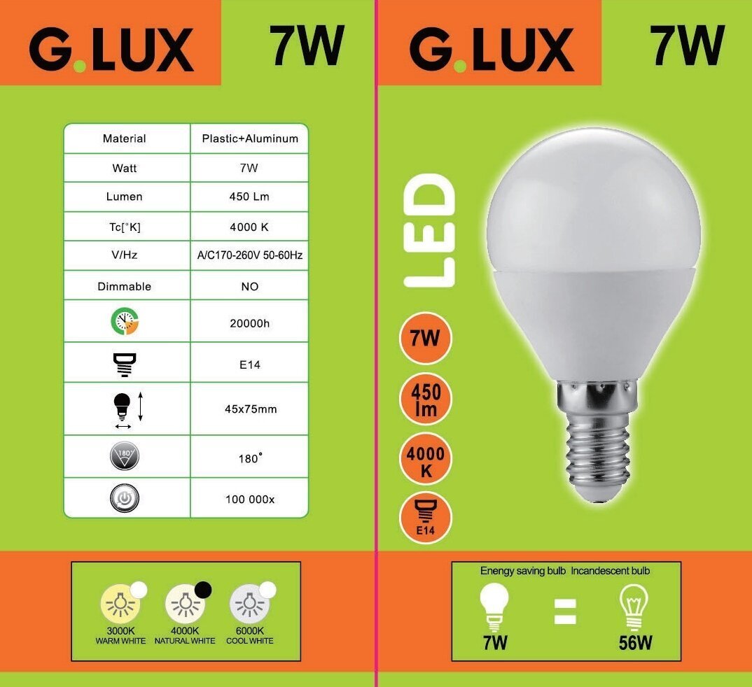 LED pirnid G.LUX GR-LED-G45-E14-7W 4000K, 10 tk Pakett hind ja info | Lambipirnid, lambid | kaup24.ee