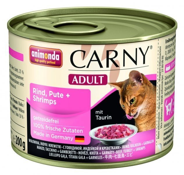 CARNY ADULT kalkuni ja krevettidega 0,2 kg hind ja info | Konservid kassidele | kaup24.ee