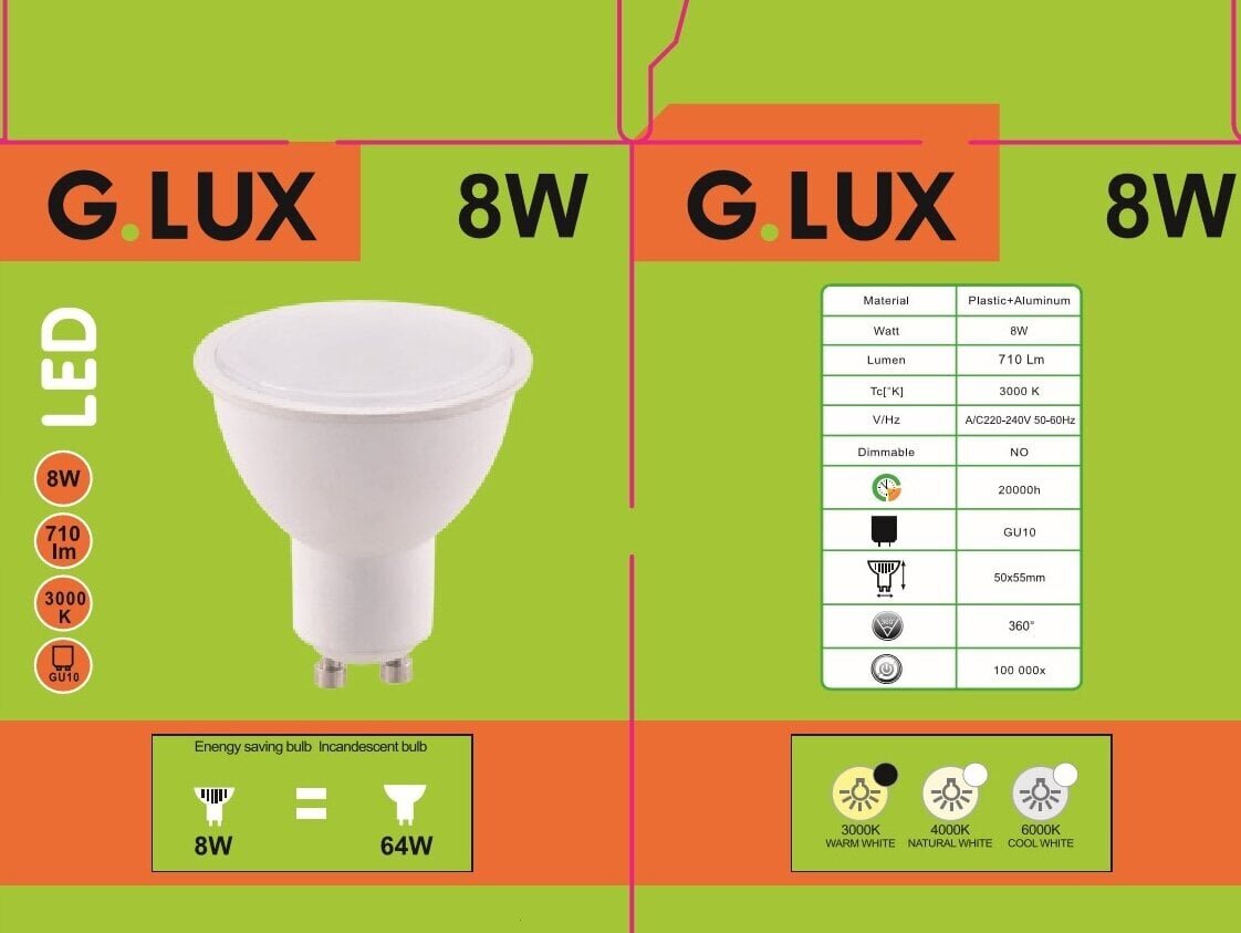 LED pirnid G.LUX GR-LED-GU10-PA9-8W 3000K - 10tk pakis hind ja info | Lambipirnid, lambid | kaup24.ee