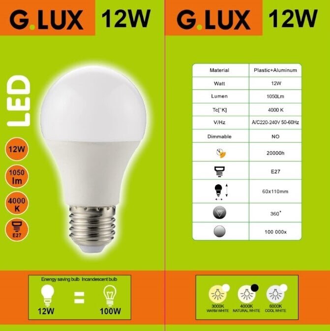 LED pirnid G.LUX GR-LED-A60-12W 4000K, 10tk. цена и информация | Lambipirnid, lambid | kaup24.ee